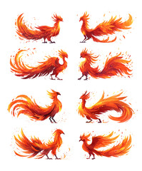 Sticker - Phoenix bird cartoon vector series. Scorching flames feathers blazing plumage fire wings immortal life regeneration soaring fabled flying legendary creature, illustrations isolated on white background