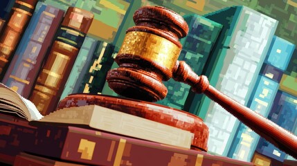 Judge's gavel resting on a sound block with law books and pixelated 8-bit images, blending modern digital art and legal themes