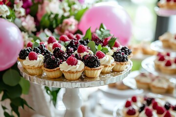 Wedding catering with tartlets, desserts, flowers, balloons, table decorations, and small bouquets, concept of elegant celebration and event planning.