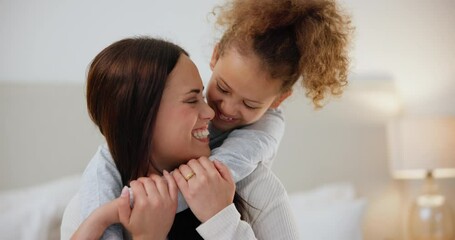 Canvas Print - Bedroom, hug and mother with child in home for love, bonding and loving relationship together. Family, parents and happy mom with young girl embrace for support, care and relax for childhood on bed