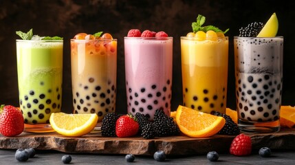 A variety of bubble tea flavors, including classic milk tea, matcha, and fruit-based teas, with colorful pearls and toppings in glass cups, beautifully arranged on a table.