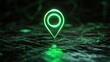 © KYR - 3D render of a green neon map pin glowing against a high-tech black background, representing modern location