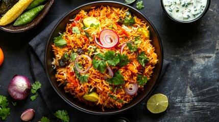 Wall Mural - A vibrant bowl of vegetable biryani, garnished with fresh herbs and crispy fried onions, served with a side of raita and pickles. The colorful spices add a festive touch.