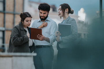 Wall Mural - Young business professionals in an outdoor meeting discussing marketing, analyzing reports, and brainstorming ideas for company expansion. They collaborate on sales and revenue growth strategies.