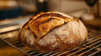 Wall Mural - A whole rustic loaf of sourdough bread, with a crispy, cracked crust and soft, airy interior, freshly taken from the oven. The detail of the bread's texture is clearly visible.