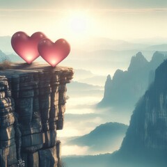 Two hearts on the edge of a cliff with mountains in the background.