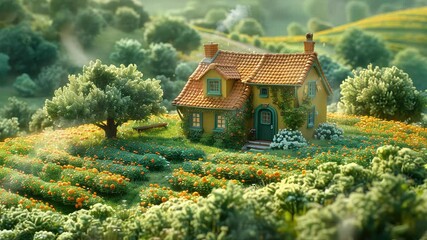 Wall Mural - animation charming countryside cottage with blooming garden and mountain view generated with ai