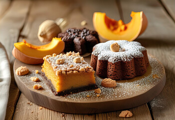 Wall Mural - Delicious pumpkin and lemon filled cake, laced with rich chocolate and dusted with powdered sugar, freshly baked and stacked on a wooden table