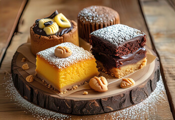 Wall Mural - Delicious pumpkin and lemon filled cake, laced with rich chocolate and dusted with powdered sugar, freshly baked and stacked on a wooden table