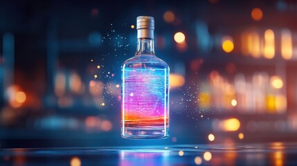 Whiskey bottle with holographic label, floating in mid-air, dark neon-lit bar setting