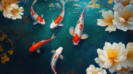 Stunning koi fish in vibrant hues swim in a serene underwater environment, showcasing the beauty of aquatic life.