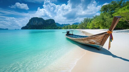 A traditional Thai longtail boat docked on a white sand beach