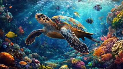 Wall Mural - A sea turtle swimming near a coral reef, with colorful fish and marine life around it