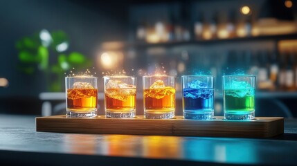 Whiskey flight set, transparent holograms showcasing flavor profiles, modern industrial bar