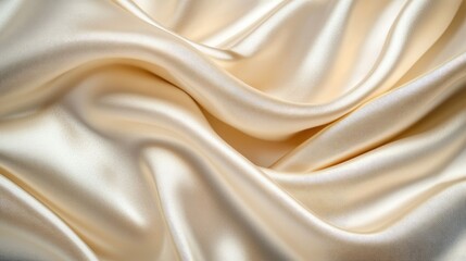 Close-up of cream-colored satin fabric with soft folds and shimmering texture, ideal for luxury fashion backgrounds