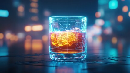 Wall Mural - Whiskey glass with a holographic glow, futuristic lounge, neon city backdrop