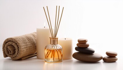 aromatherapy spa composition stick and candles reed diffuser on white background