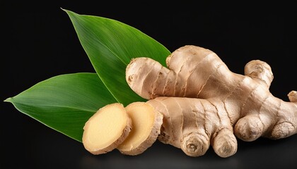 fresh ginger root with green leaves isolated on black background