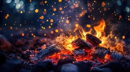 Hot coals glowing brightly in a campfire, with sparks flying against a dark night sky in a camping setting