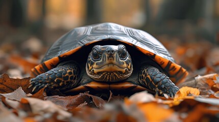 A turtle emerging from its shell with curious eyes, on a forest floor covered in leaves