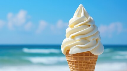 Soft-serve ice cream cone with swirled vanilla cream, against a vibrant summer beach background with blue sky