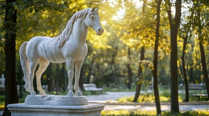 Marble statue of a horse in a park