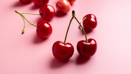 glossy cherries on pink background