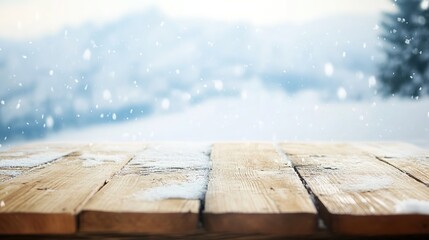 Wooden table against an unfocused snowy landscape, creating a serene and tranquil scene that highlights the contrast between the rustic table and the blurred winter background.