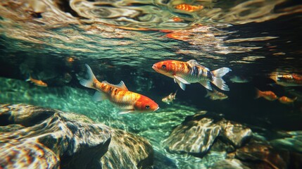 Vibrant koi fish swim gracefully in clear water, showcasing their stunning colors in a serene underwater environment