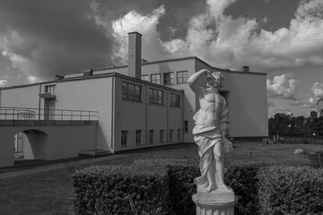 Sculptures of Vyborg Park. Black and white photo