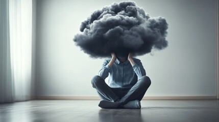 a visual metaphor for mental illness, showing a person with a heavy, dark cloud hanging over their h