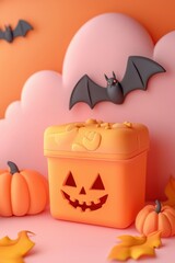 Wall Mural - Festive Halloween decorations with pumpkin, bats, and clouds on orange background