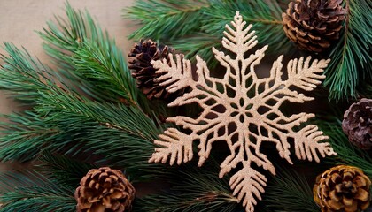 decorative snowflake lays gracefully among fresh pine branches and cones