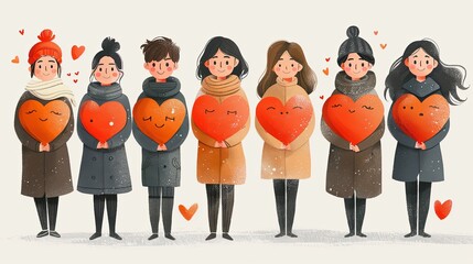 Smiling people group holding hearts. Valentine s Day. Love and volunteering vector illustration