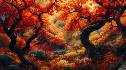 Wall Mural - a painting of a forest with trees that are very tall and have a lot of leaves