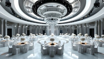 Futuristic wedding hall featuring an indoor circular stage adorned with silver installations and a sleek white and silver color scheme