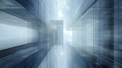 Futuristic virtual dimensional passage with architectural geometric reflections and a clean,minimal,blue-gray color palette. The scene evokes a sense of energy,flow,and progress.