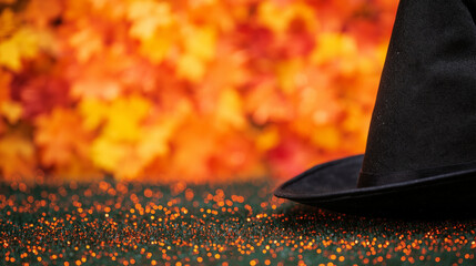 Wall Mural - Witch hat with bokeh lights and autumn leaves background
