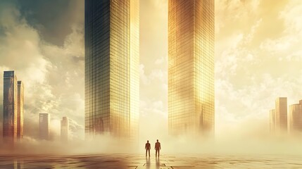 Futuristic city skyline with tall modern skyscrapers and corporate buildings silhouetted against a misty,atmospheric sunset. Two anonymous figures stand in the foreground,creating a conceptual.