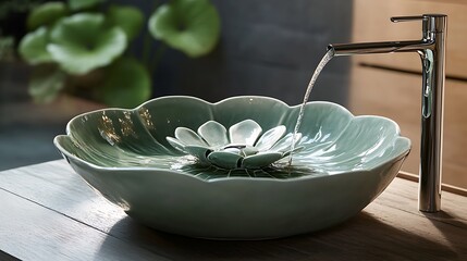 Wall Mural - Water Flowing into Green Ceramic Lotus-Shaped Sink