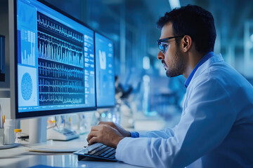 Wall Mural - A doctor, microbiologist, scientist conducts research on the virus and checks its signs and vulnerabilities on a computer.