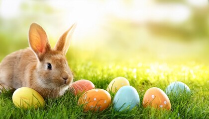 easter bunny in green grass with painted eggs sunny day egg hunt happy easter banner background