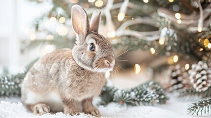 Wall Mural - A rabbit is standing in front of a Christmas tree