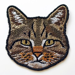 needlepoint embroidery iron on patch of a cat face, isolated on white.
