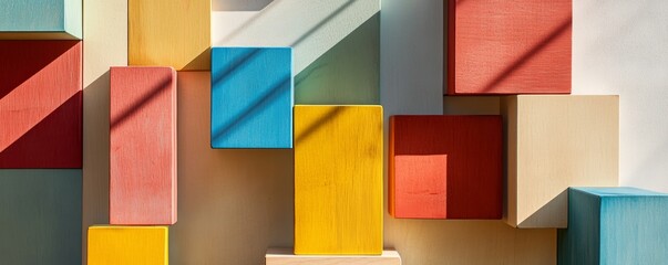 Sticker - colorful geometric wooden blocks with shadows in sunlight