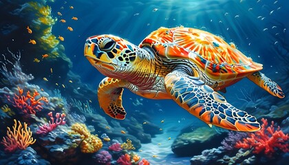 Poster - Underwater Wonderland: Turtles, Vibrant Fish, and Lush Coral Reefs in the Ocean