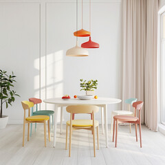 modern dining colorful chairs table white bright minimalist interior design decor contemporary home living room furniture plants pendant lights curtains clean simple 