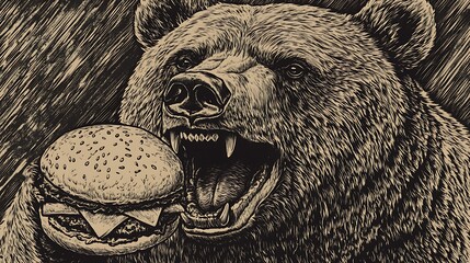 A close-up illustration of a brown bear with an open mouth, teeth bared, holding a hamburger in its mouth. The image is drawn in a black and white style with a textured background.