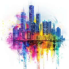 cityscape skyline skyscrapers urban modern buildings architecture colorful abstract artistic vibrant reflection water downtown metropolitan design city 