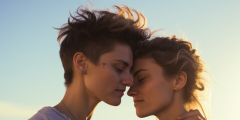 Young lesbian couple touches foreheads to each other closeup. Generative AI.